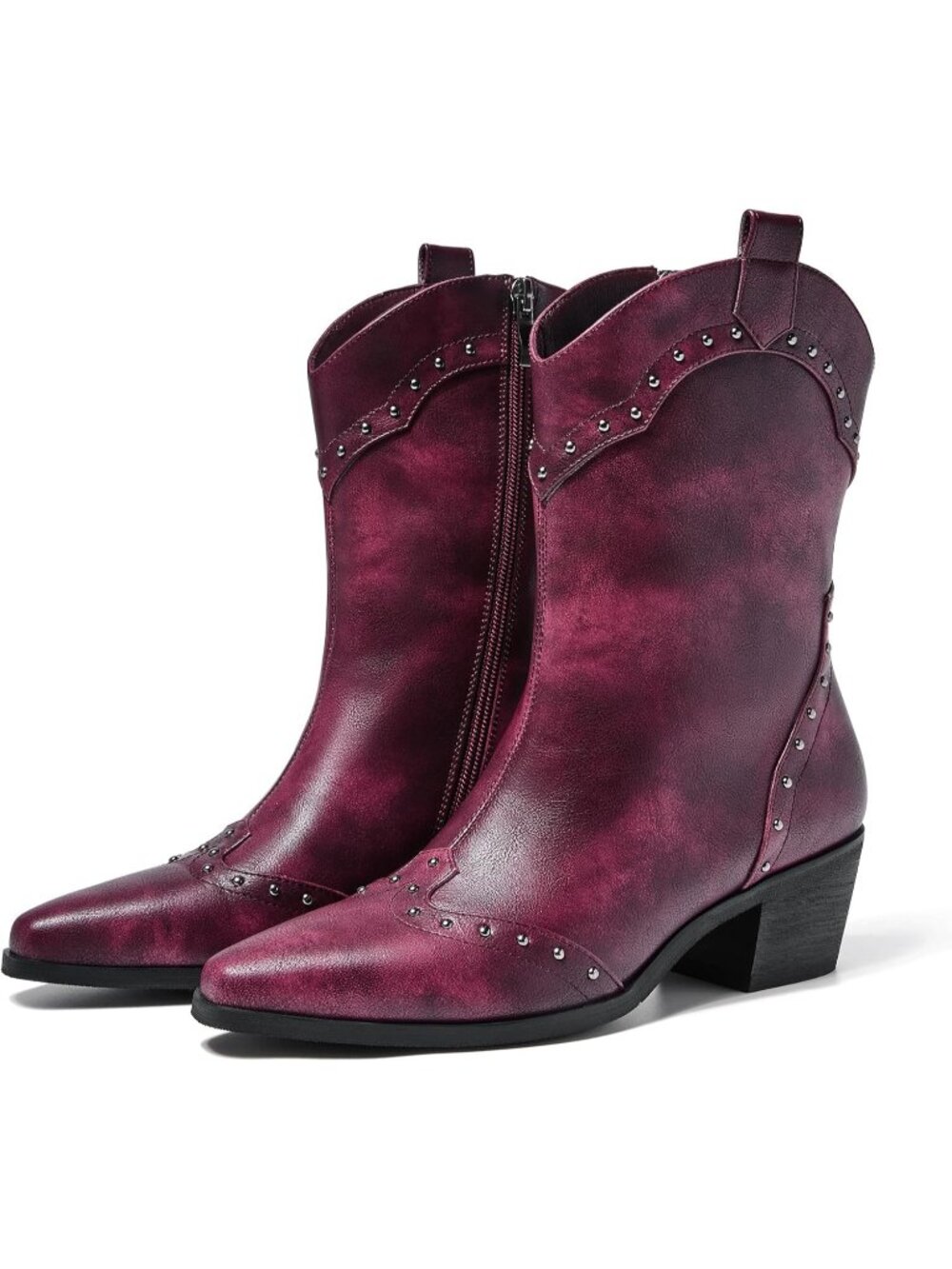 Women's Claret Studded Western Ankle Boots Low Block Heel Cowboy Booties Zip - Picture 3 of 7
